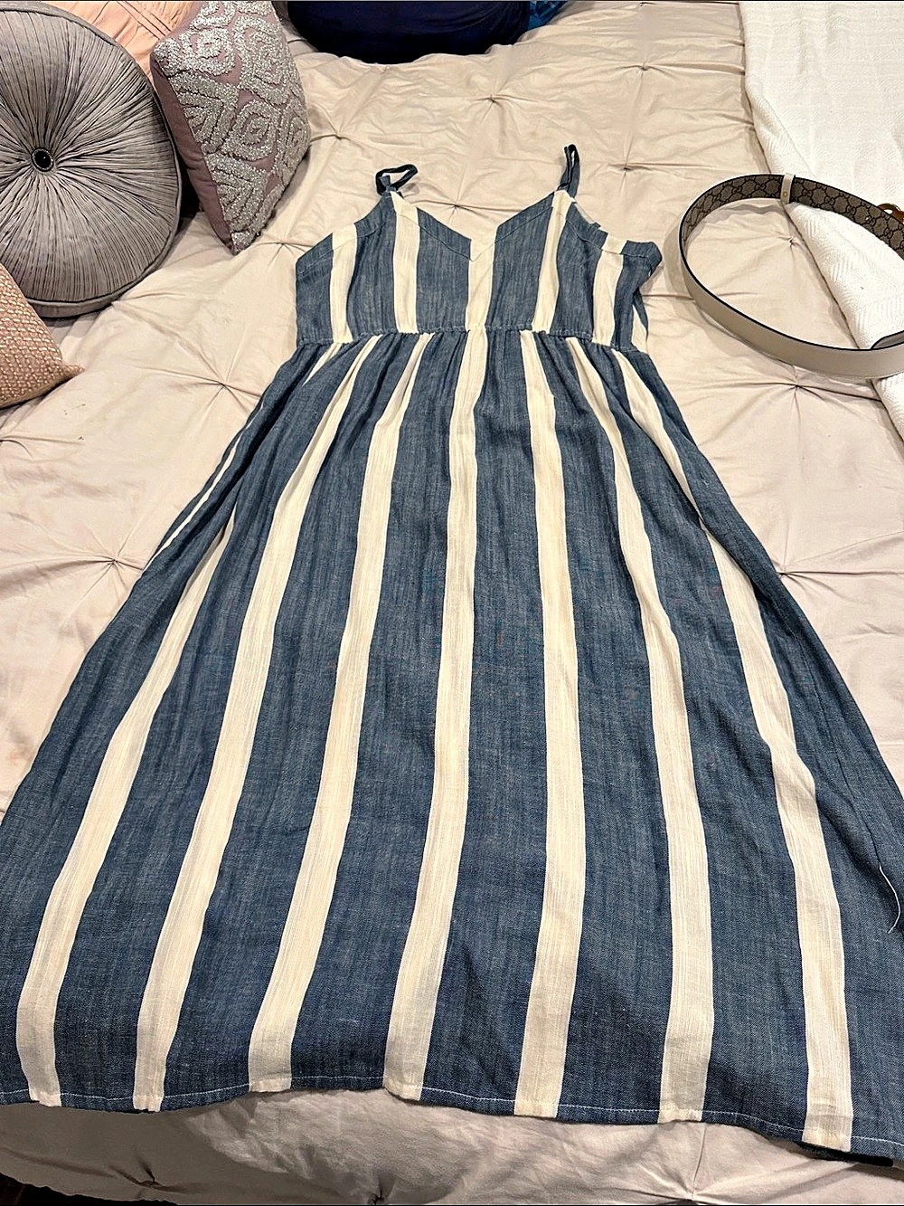 Nostalgia Striped Cotton Maxi Dress in Blue & Cream XL